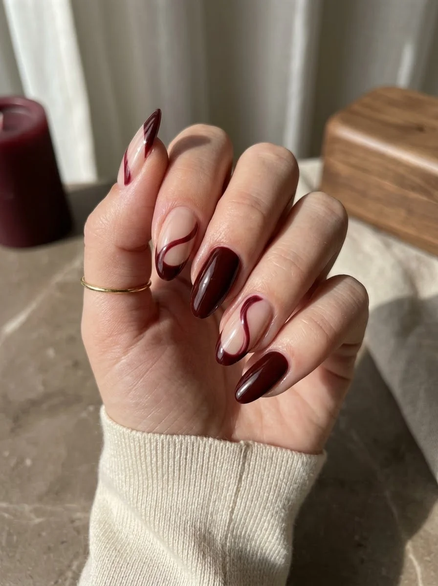 Wine Swirl and Solid Mix - Dark burgundy and nude almond nails with wine-colored swirls
