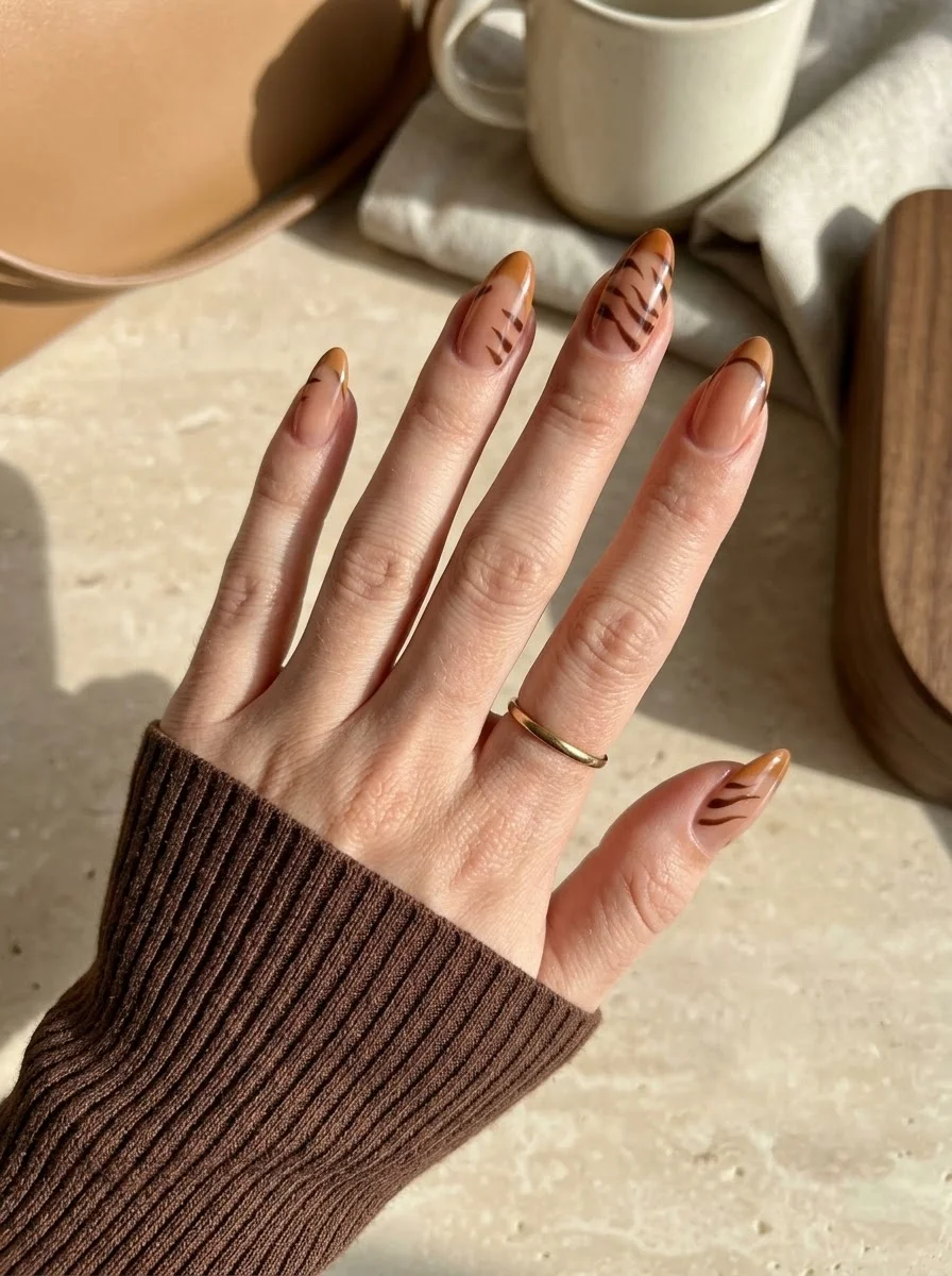 Amber Tiger Stripes - Nude almond nails with brown tiger stripe animal print
