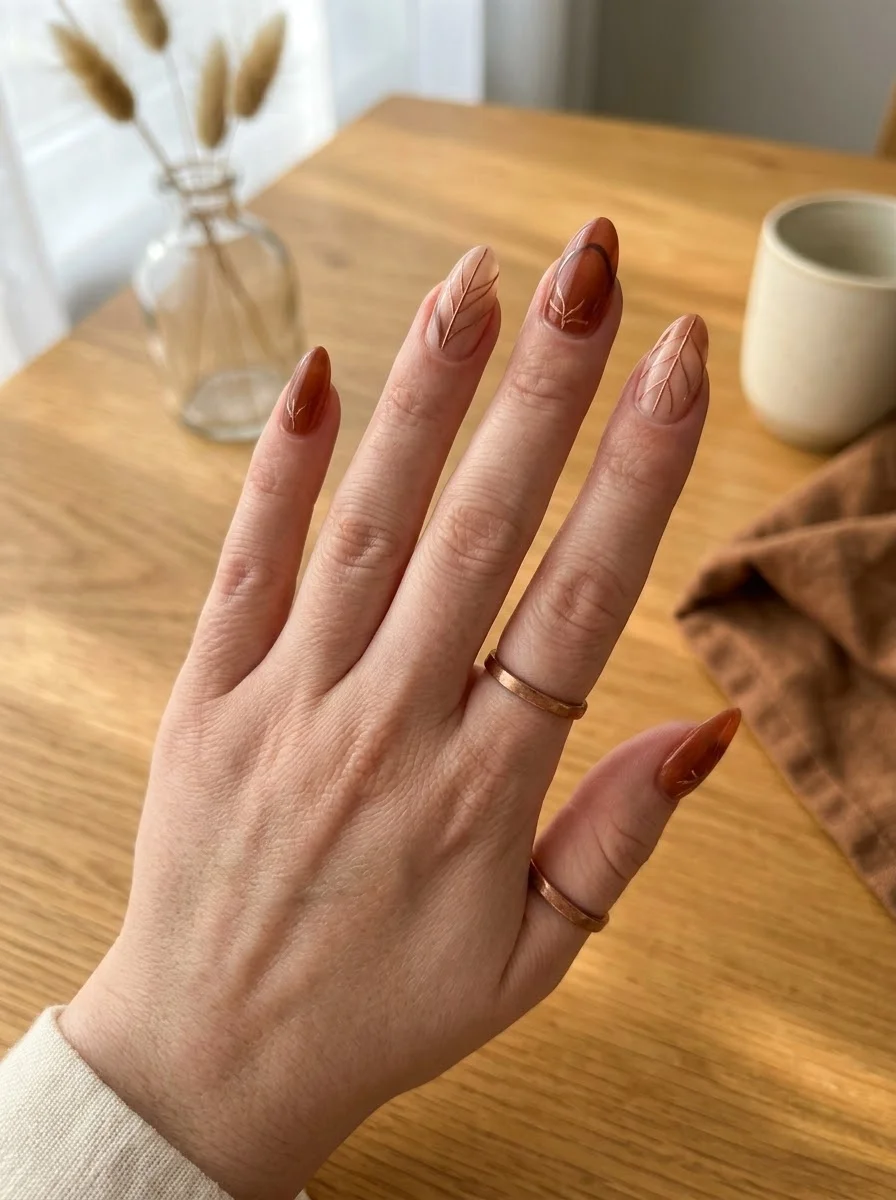 Cinnamon Leaf Veins - Warm brown almond nails with white leaf vein details