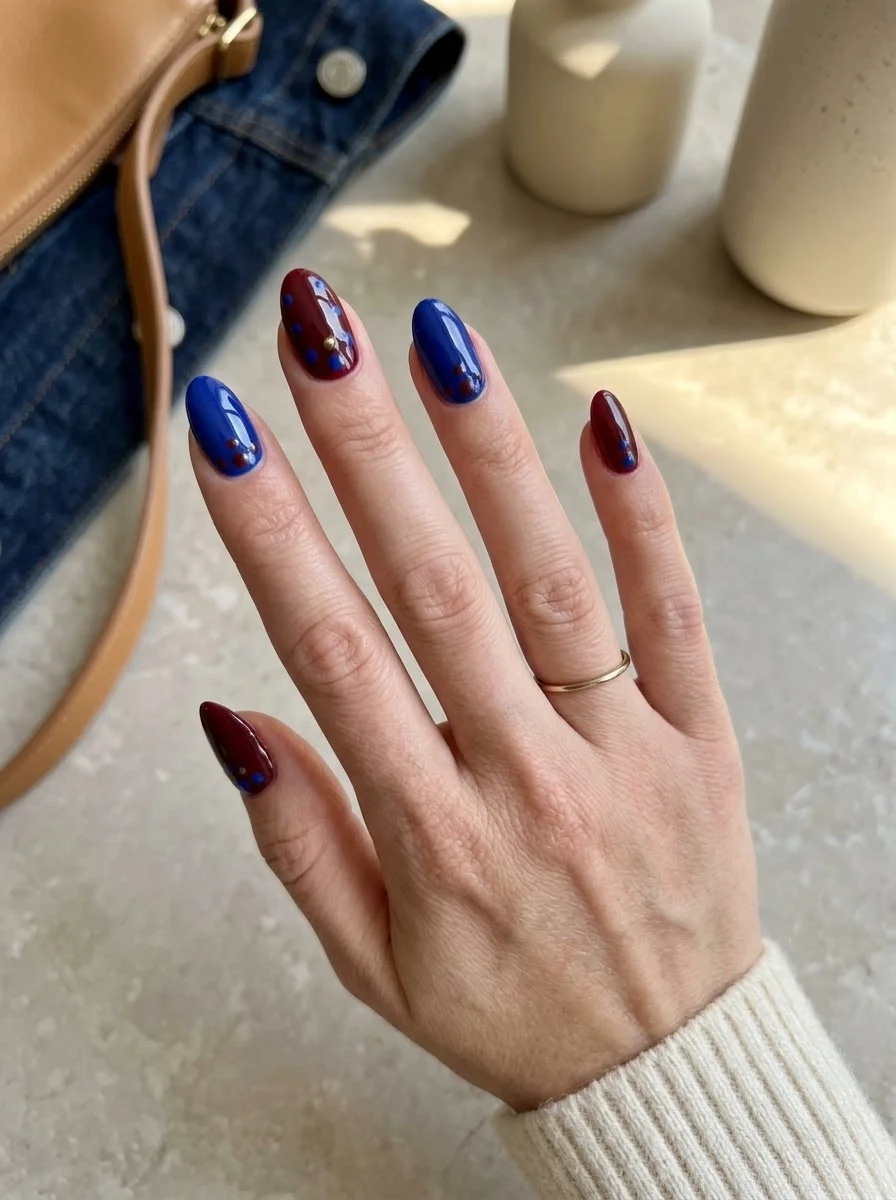 Blue and Burgundy with Gold Flecks - Royal blue and burgundy almond nails with gold accents