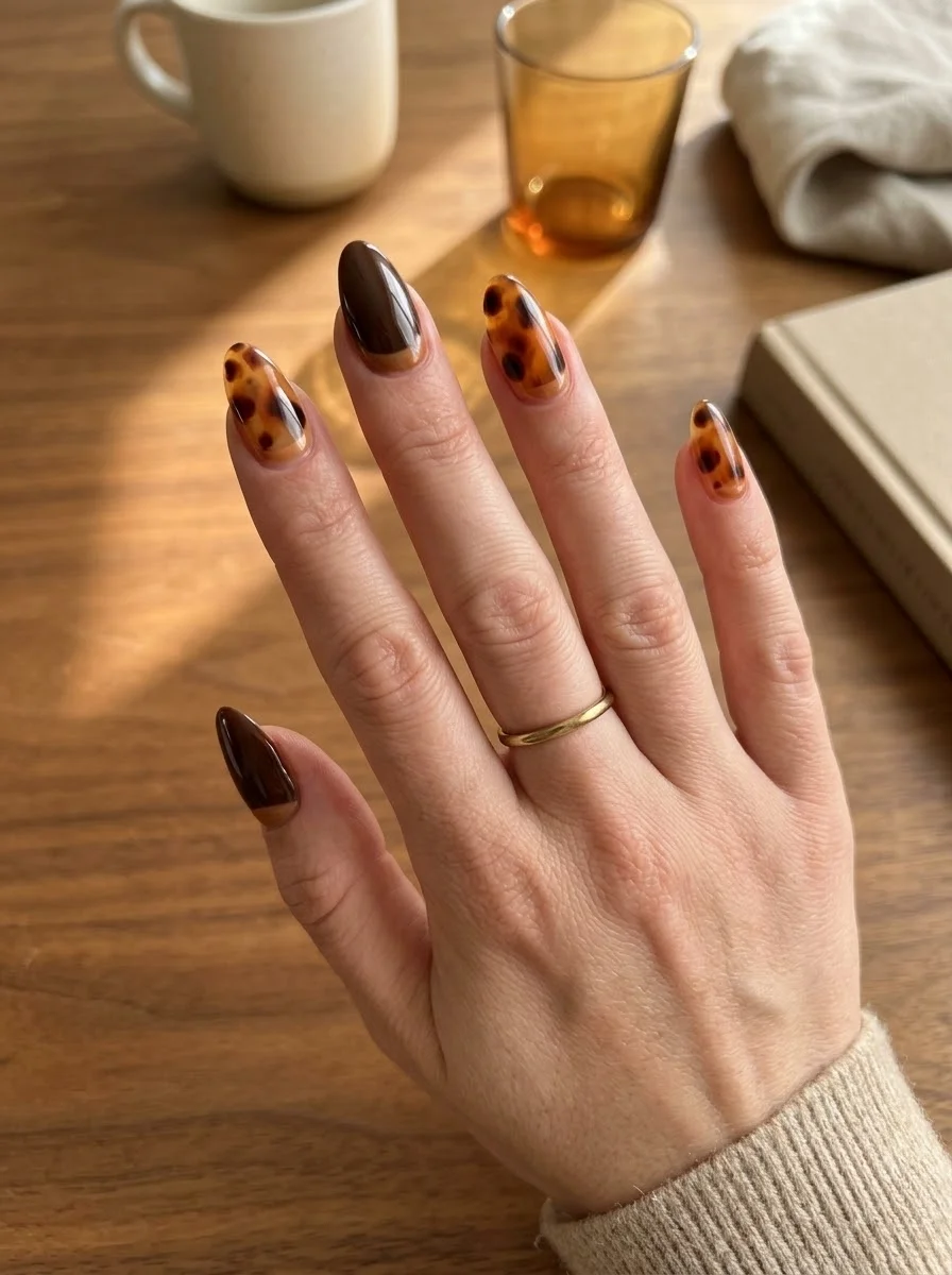 Tortoiseshell and Espresso - Tortoiseshell and dark brown almond nails