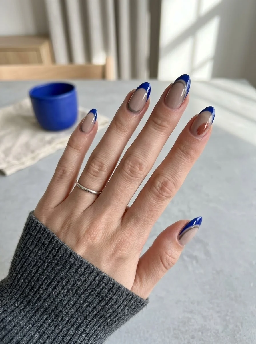 Blue-Tipped Minimal - Nude almond nails with cobalt blue French tips and silver accents