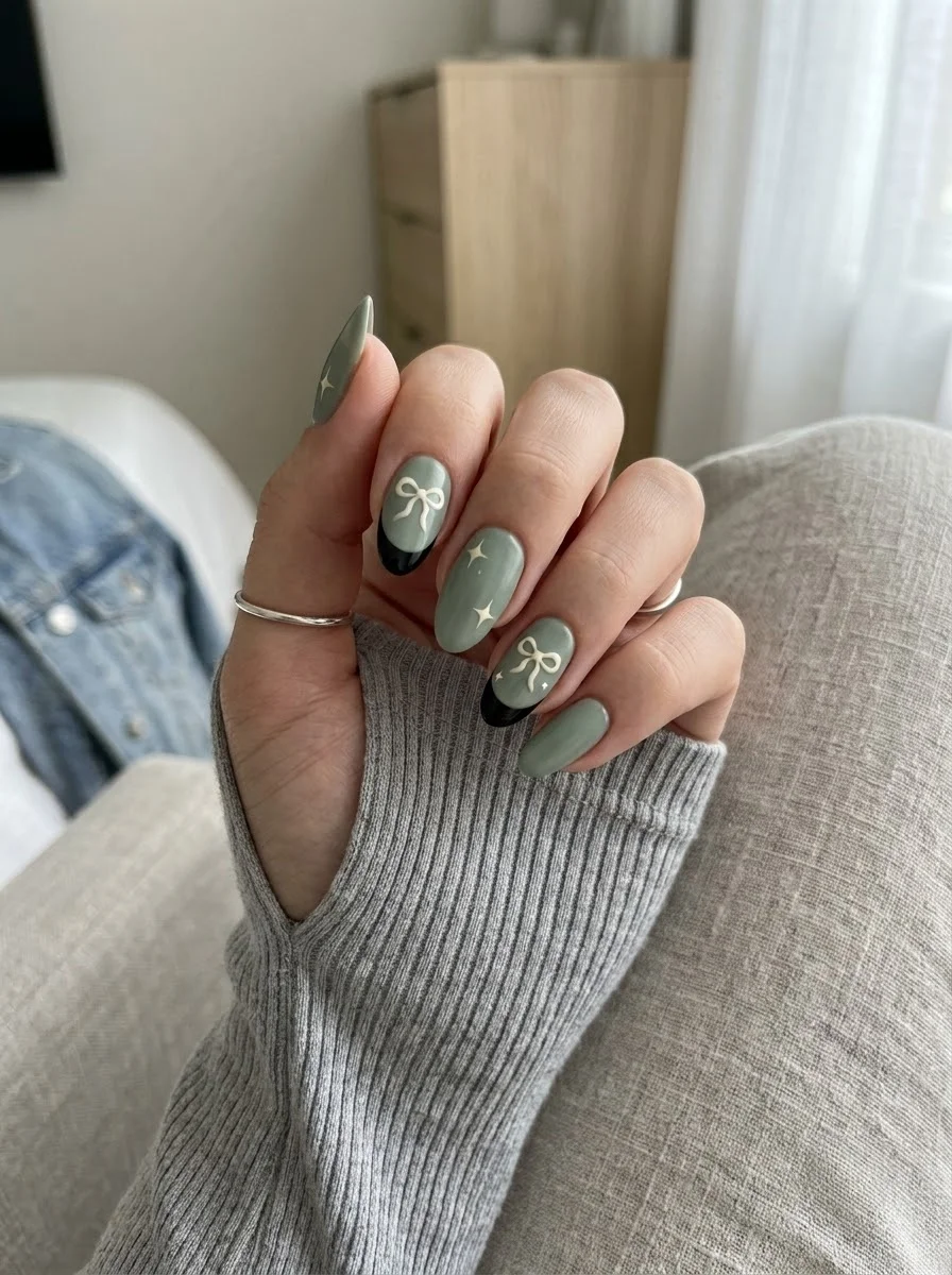 Sage Bows and Stars - Sage green almond nails with black French tips and white bow details