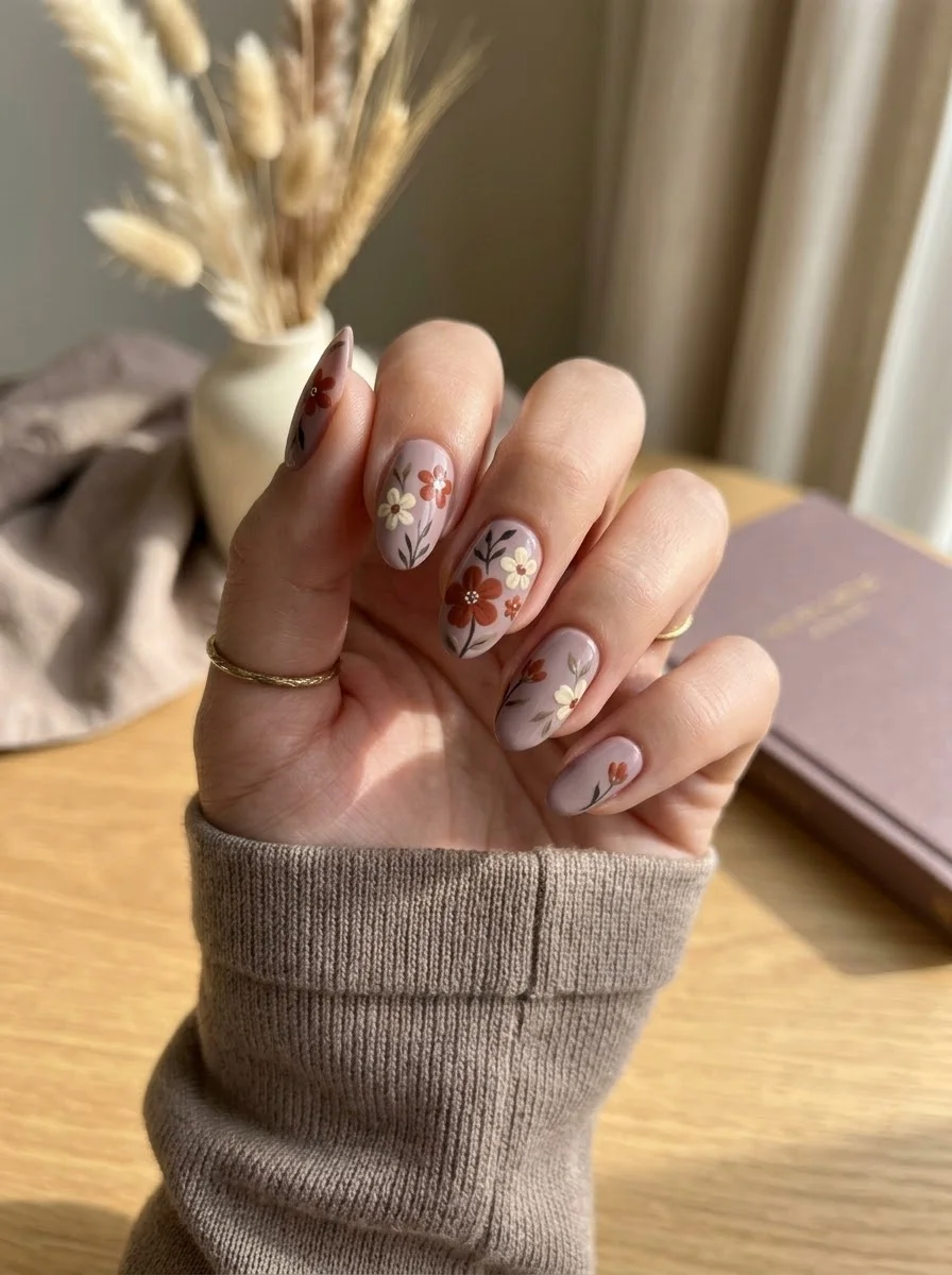Muted Meadow Florals - Mauve almond nails with hand-painted autumn flowers