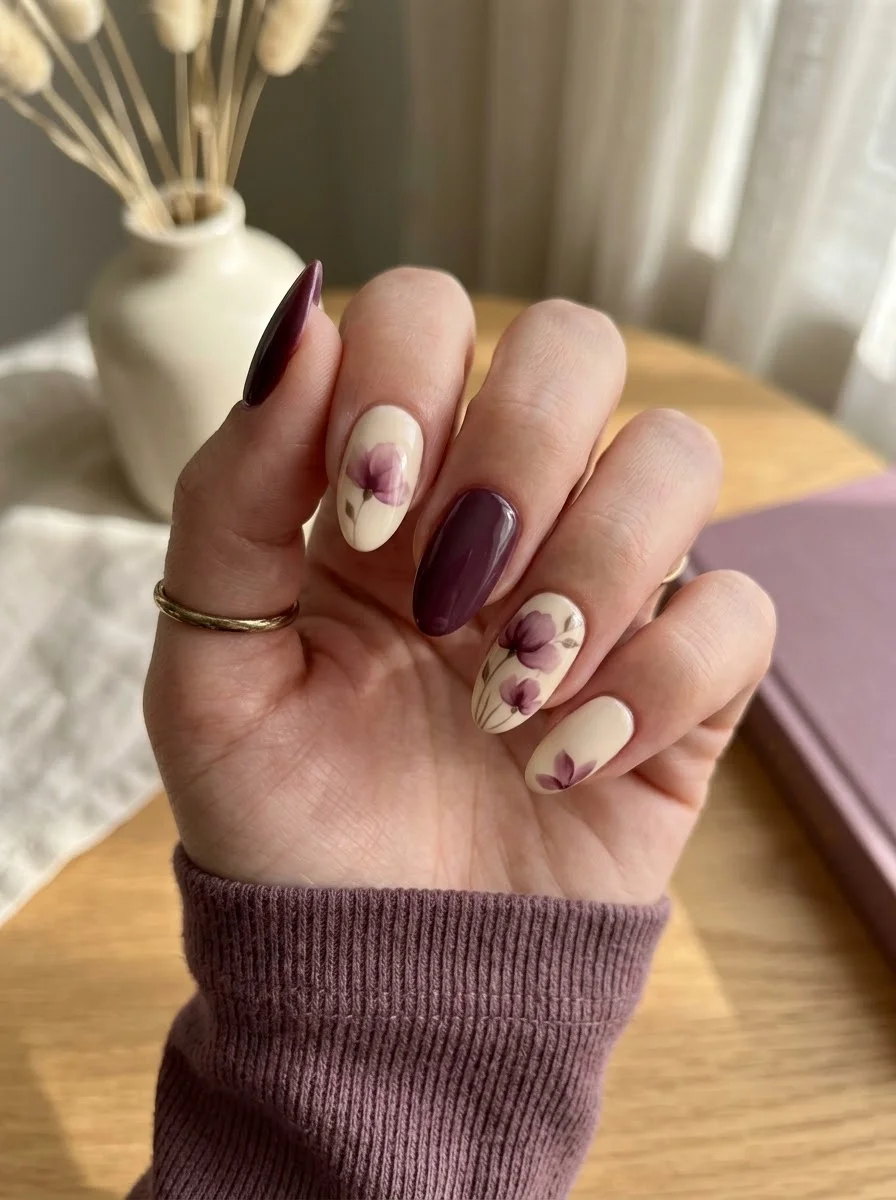 Plum Petal French - Cream almond nails with plum French tips and purple flowers