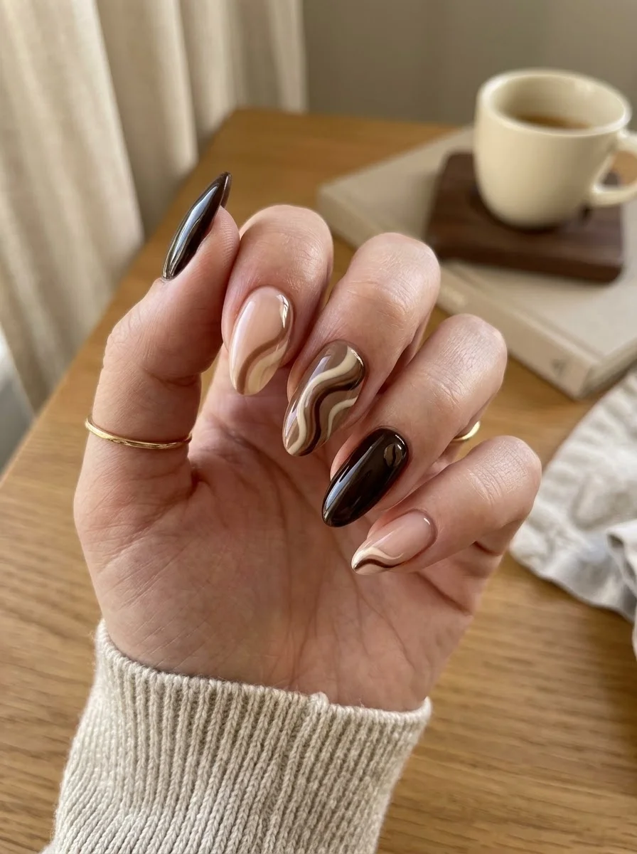 Chocolate Swirl Latte - Nude almond nails with brown and cream swirl designs