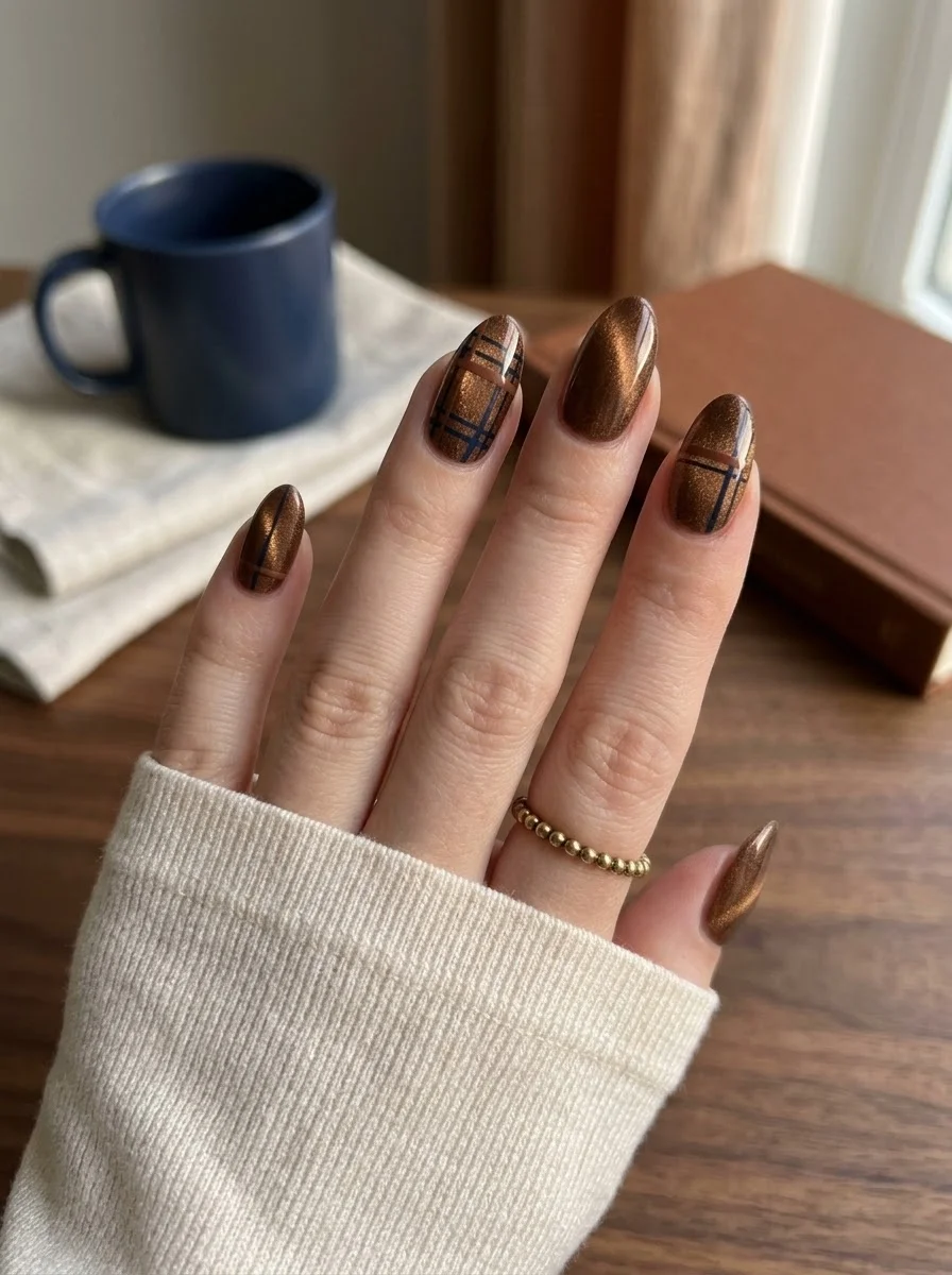 Bronze Tartan - Bronze shimmer almond nails with navy blue plaid lines