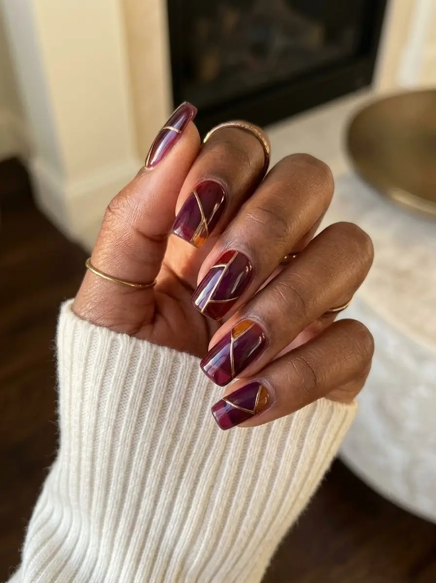 Plum Geometric Glass Nails - Sheer plum-toned base layered with angled gold lines and warm amber color-block corners