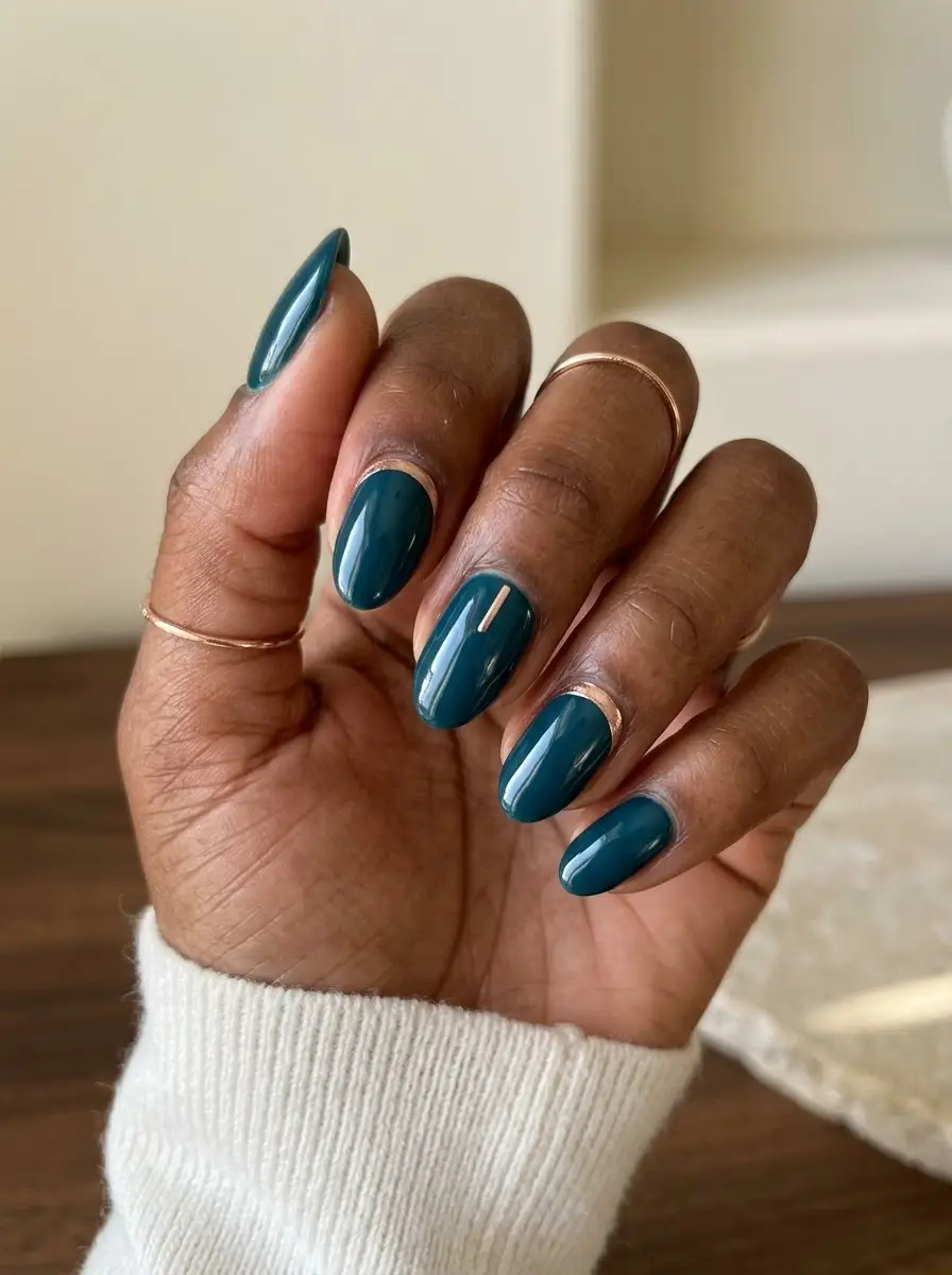Deep Teal Minimal Gold Accent Nails - Glossy deep teal nails accented with subtle vertical gold lines and delicate cuticle outlines