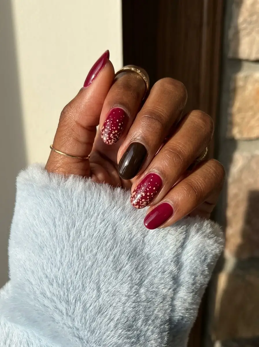 Berry Wine Dots & Espresso Accent - Glossy berry-wine nails paired with an espresso brown accent nail and scattered cream dot clusters