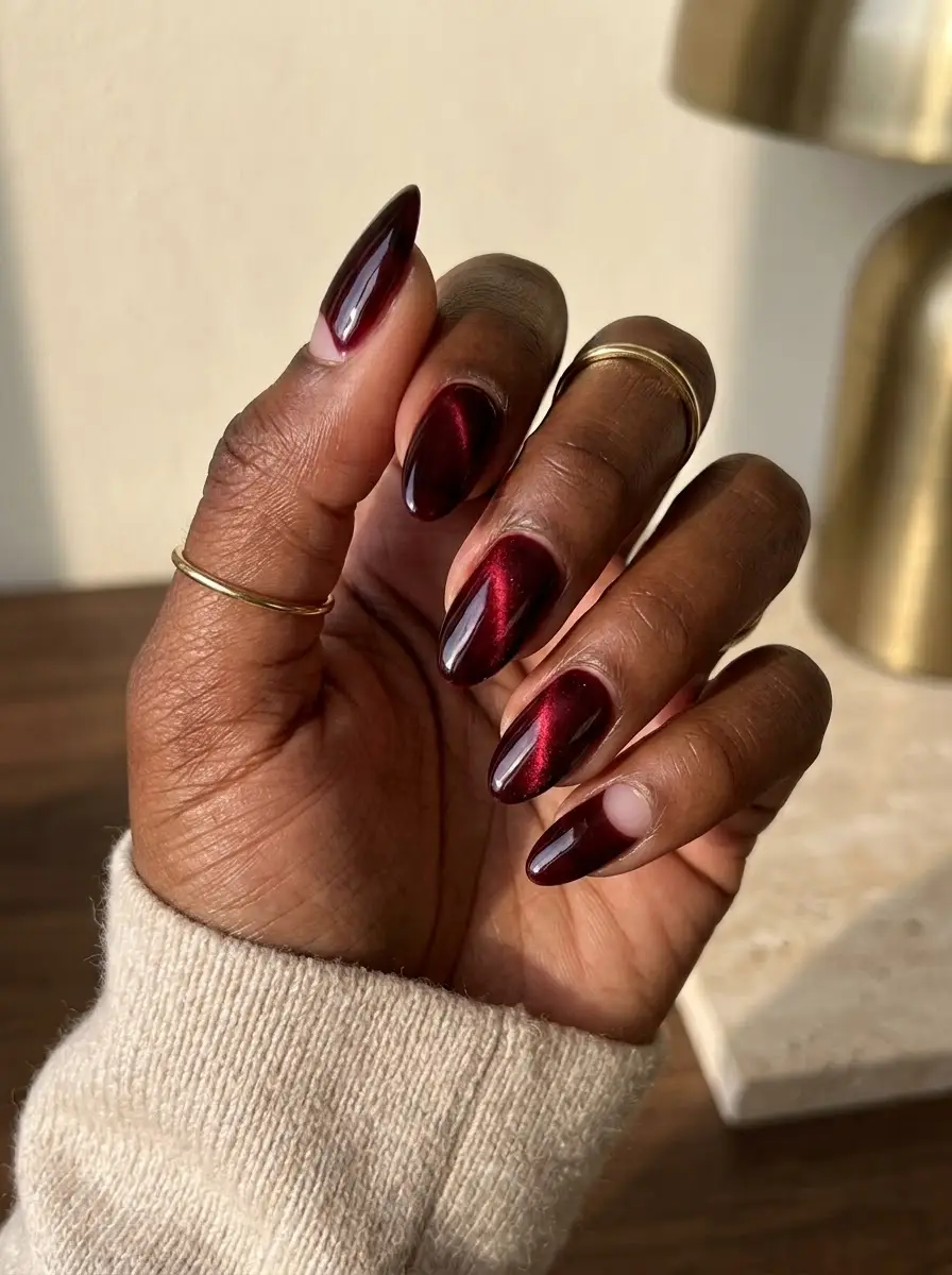 Deep Burgundy Cat-Eye with Cutout Accent - Rich metallic burgundy cat-eye nails paired with a nude negative-space half-moon cutout