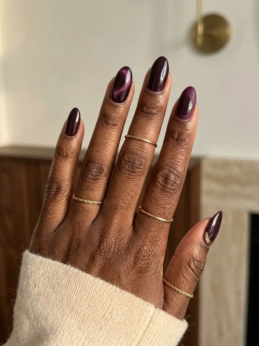 Plum Gloss with Velvet Accent Mix - Glossy deep plum nails combined with light-shifting velvet cat-eye and mauve-to-plum fade accents