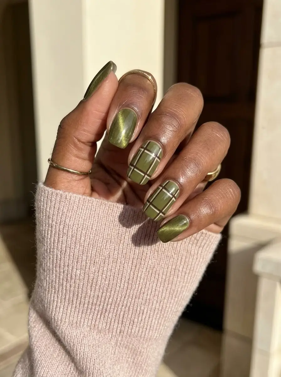 Olive Cat-Eye and Plaid Nails - Shimmering olive cat-eye nails paired with crisp cream and brown plaid pattern accents