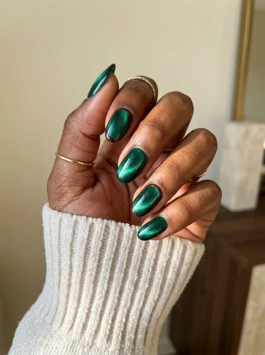 Emerald Green Cat-Eye Nails - Deep emerald almond nails with a magnetic cat-eye effect creating luminous metallic green bands