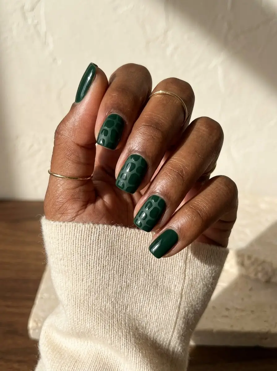 Forest Green Croc Print Nails - Rich forest green nails featuring raised glossy croc-print texture on select accent fingers