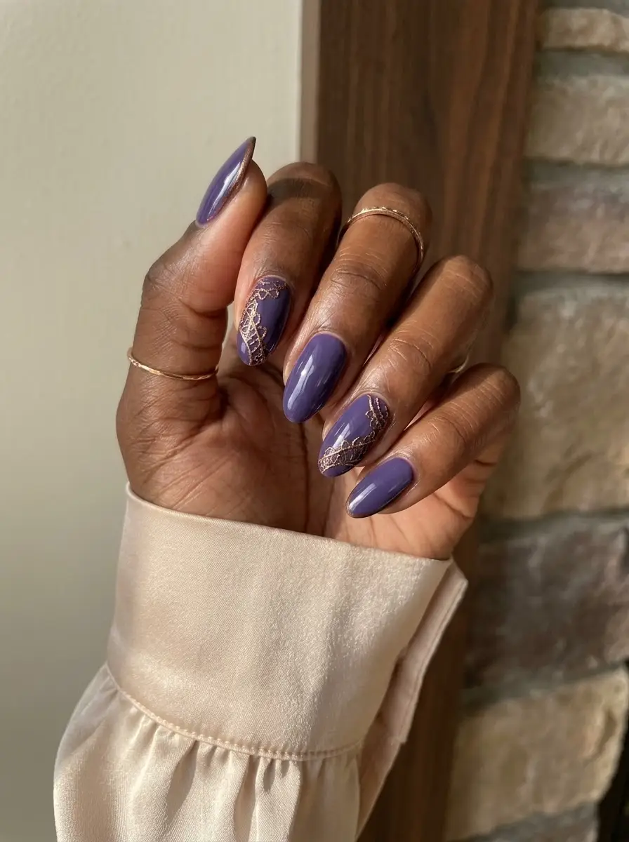 Lavender Gloss with Glitter Lace Accents - Soft lavender nails paired with deep plum accents and delicate glittering lace curve lines