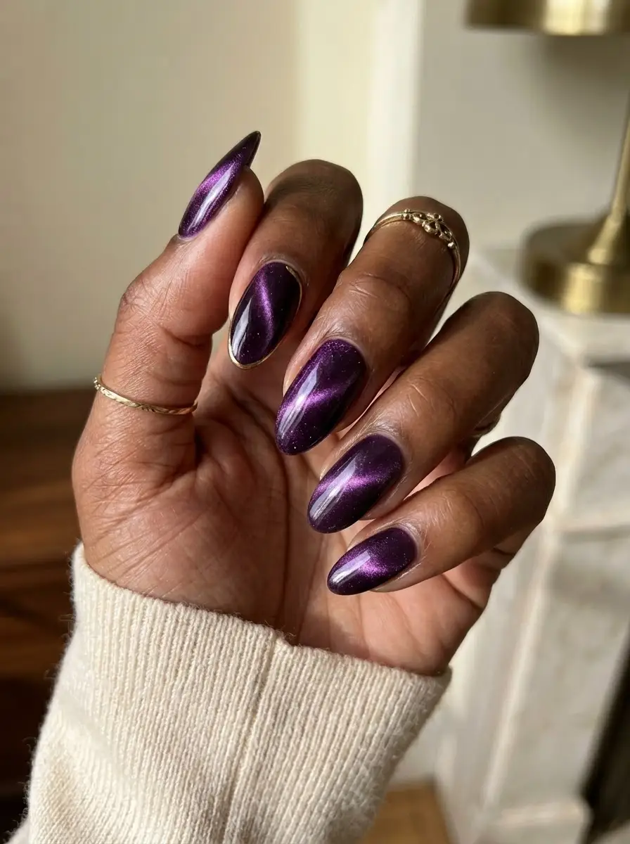 Metallic Purple Cat-Eye Nails - Metallic eggplant purple almond nails featuring a glowing central magnetic shimmer streak