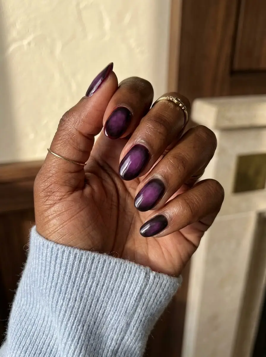 Smoky Purple Aura Fade Nails - Oval nails with a muted violet center softly faded into deeper plum-black shaded edges
