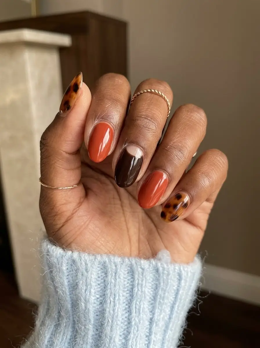 Terracotta, Espresso & Tortoiseshell Fall Nails - Terracotta-orange nails paired with deep espresso brown, nude half-moons, and tortoiseshell accents