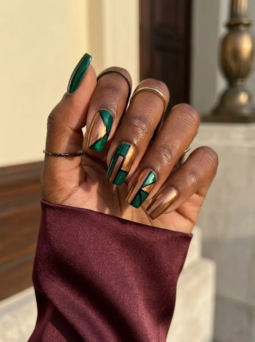 Bronze Chrome & Emerald Geometric Nails - Metallic bronze chrome nails layered with geometric emerald green blocks and crisp black outlines