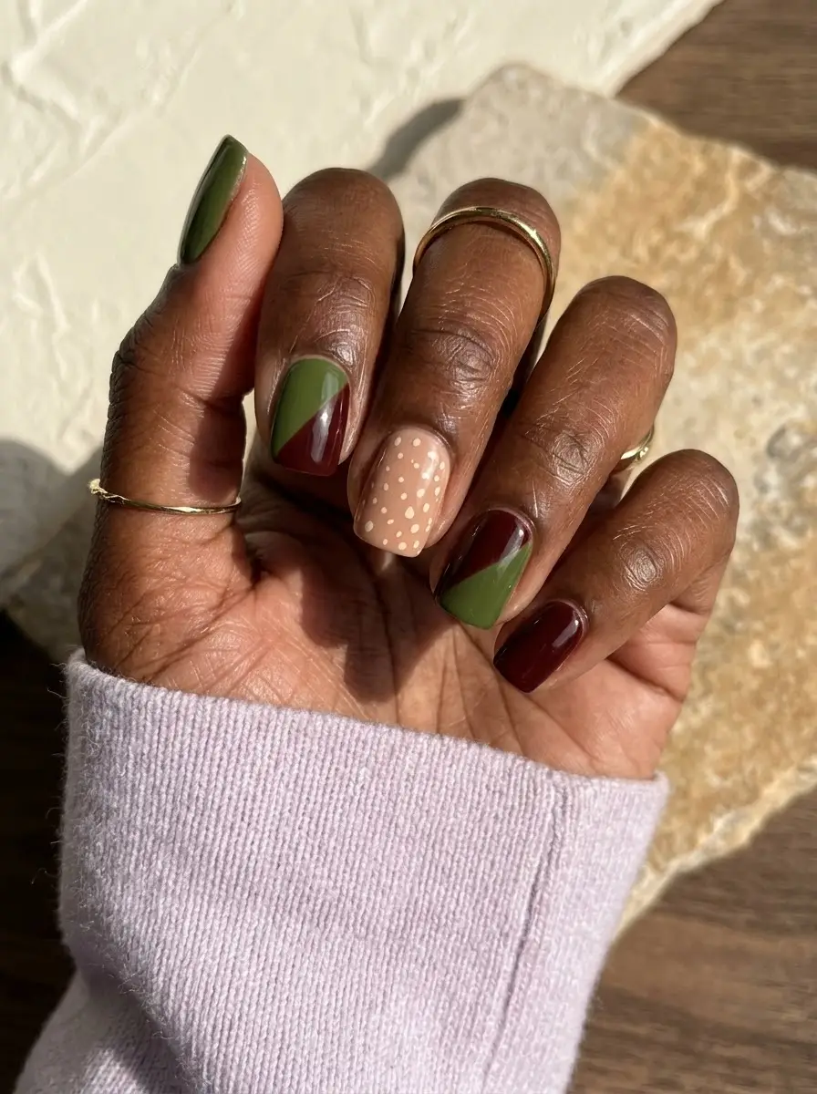 Olive, Burgundy & Beige Geometric Nails - Mismatched set combining rich burgundy, muted olive green geometric blocks, and beige dot art
