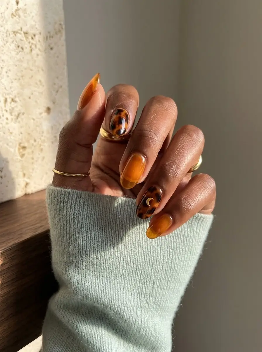 Amber Jelly & Tortoiseshell Moon Nails - Glossy amber-orange jelly nails alongside tortoiseshell accents featuring a delicate gold crescent moon