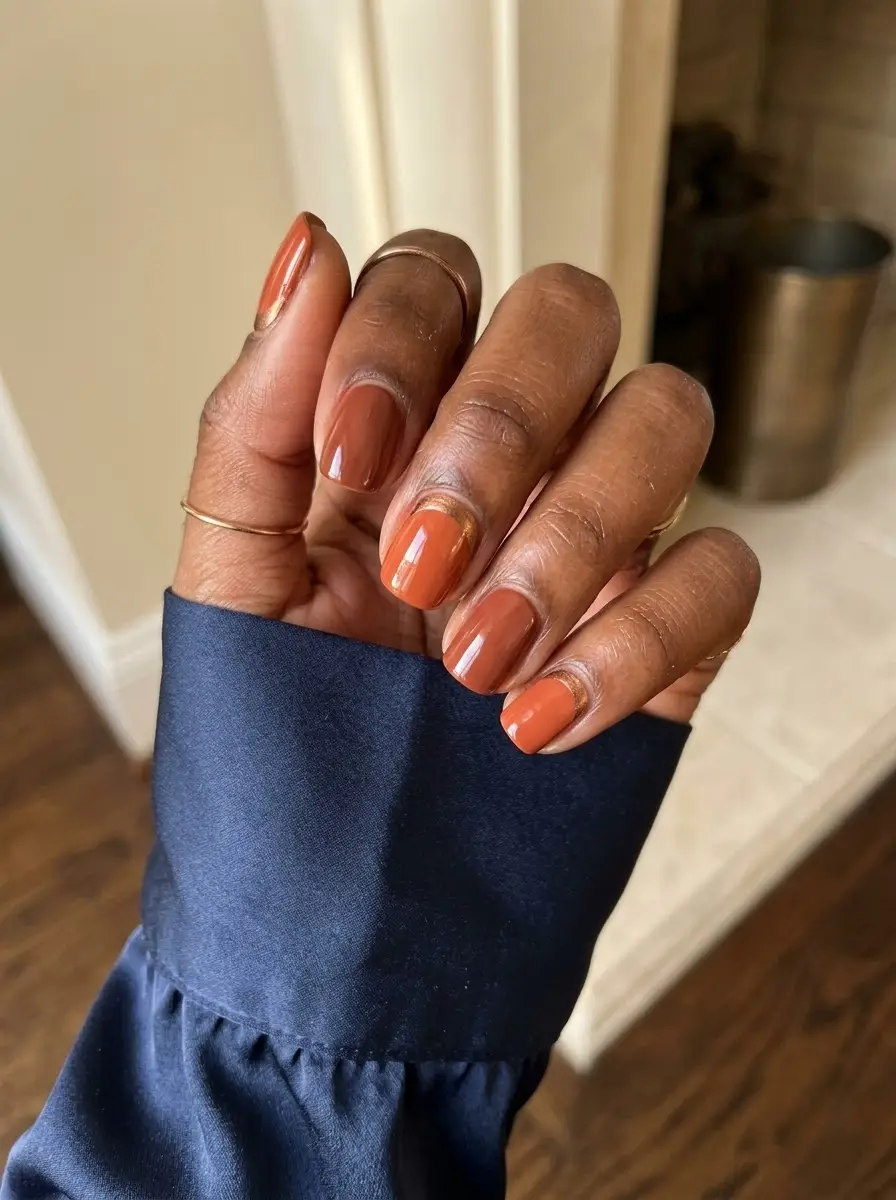Terracotta & Burnt Orange Minimal Fall Nails - Earthy terracotta, cinnamon brown, and burnt orange nails with delicate gold line details