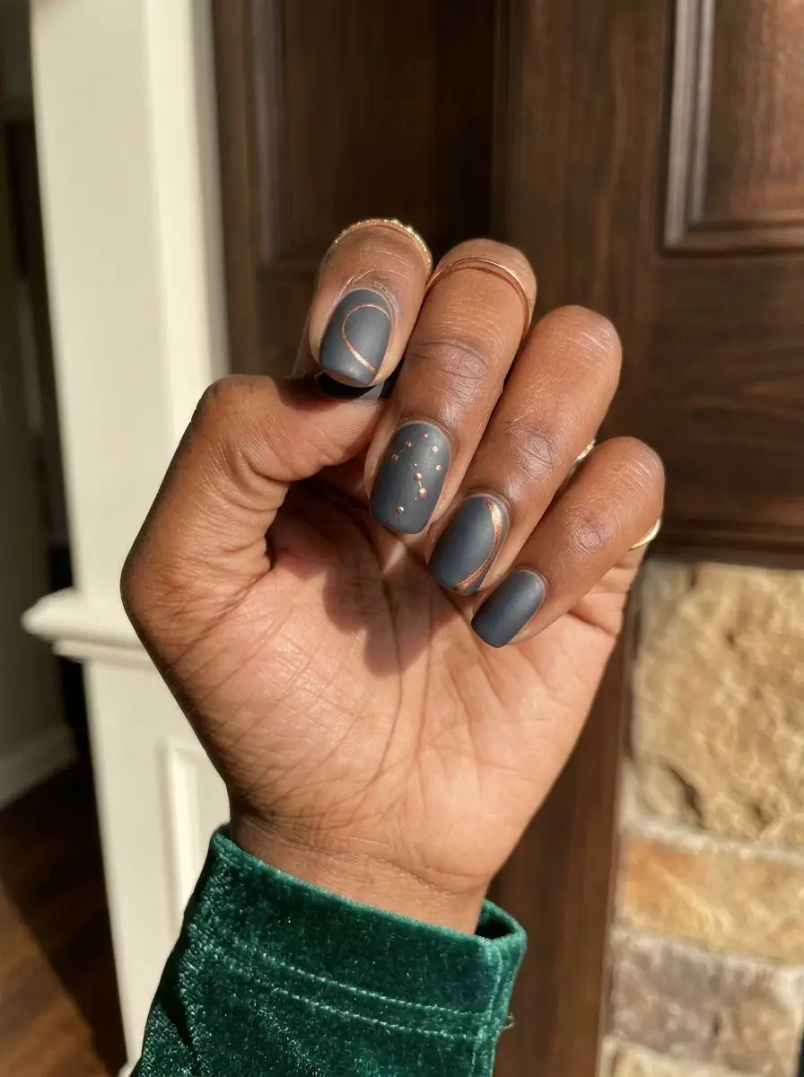 Matte Slate Gray with Copper Swirls - Velvet matte slate gray nails styled with sweeping copper metallic curved lines