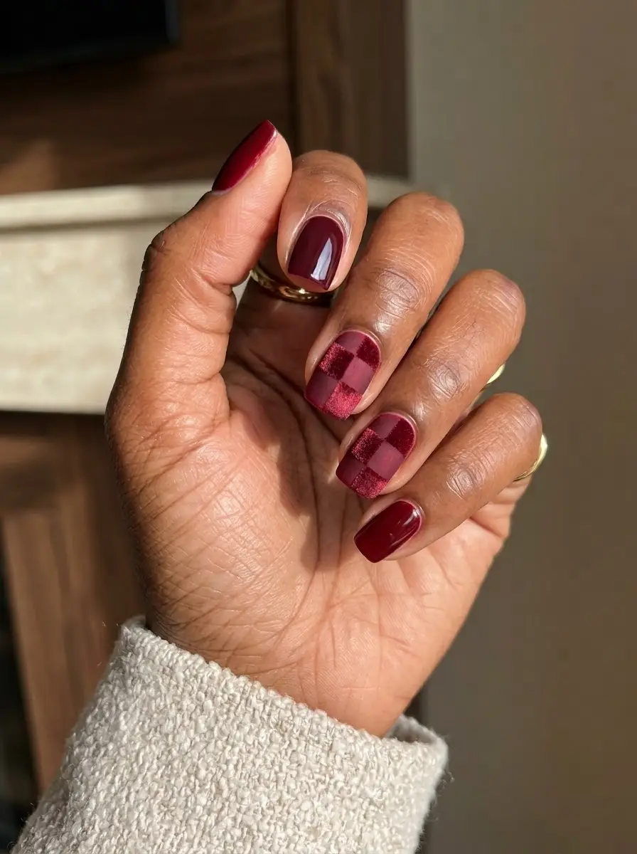 Burgundy Plaid Accent Nails - Glossy deep burgundy nails featured alongside plaid-inspired checker accent designs