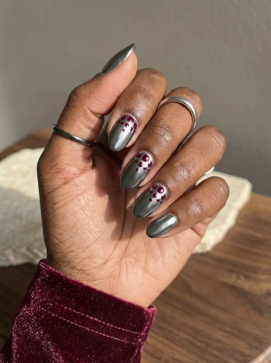 Gunmetal Chrome with Burgundy Dot Art - Reflective gunmetal silver chrome nails accented with scattered burgundy dot clusters