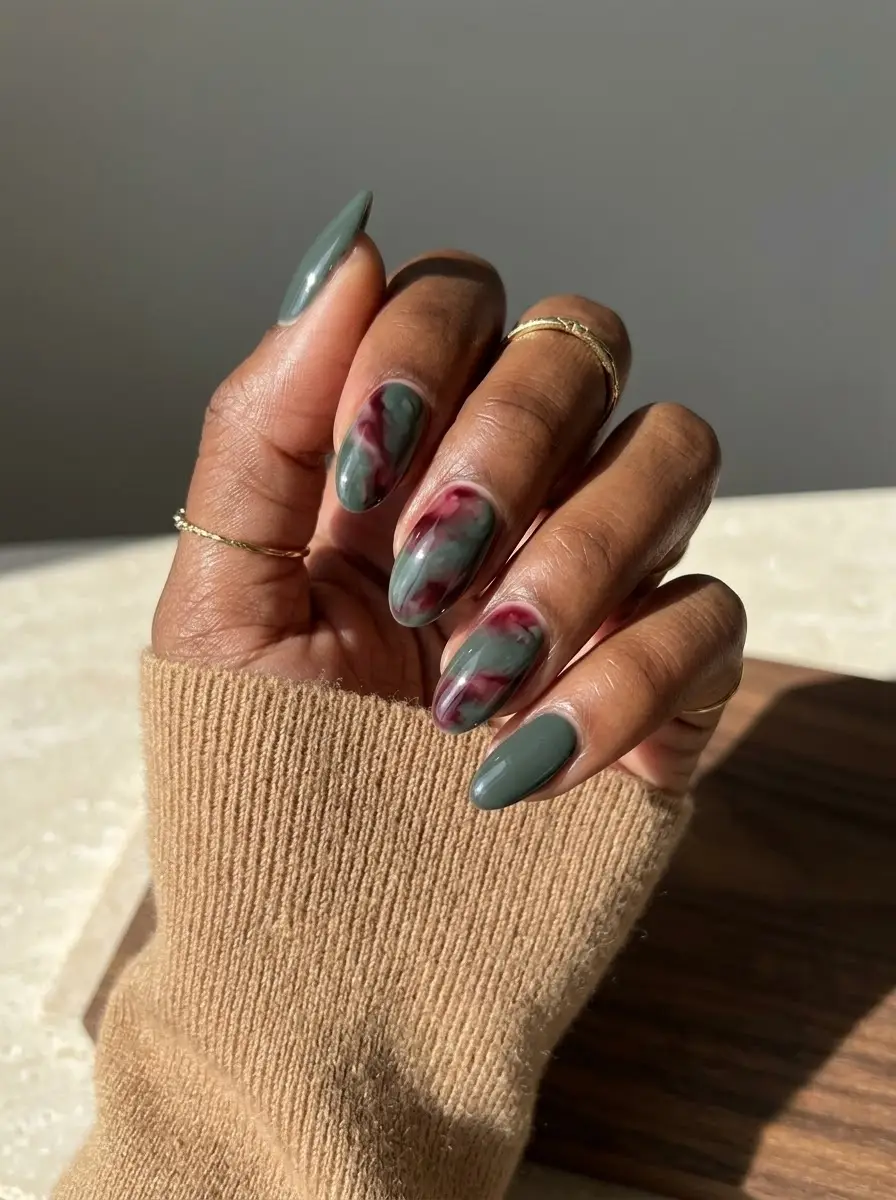 Sage Green & Burgundy Marble Swirl Nails - Muted sage green solids blended with smoky fluid sage and burgundy marble swirls