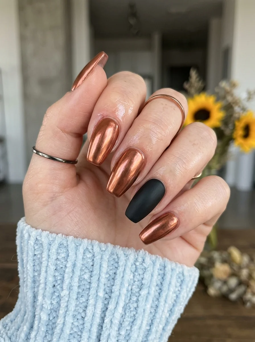 Long coffin nails with a rose gold bronze chrome finish and one matte black accent nail.