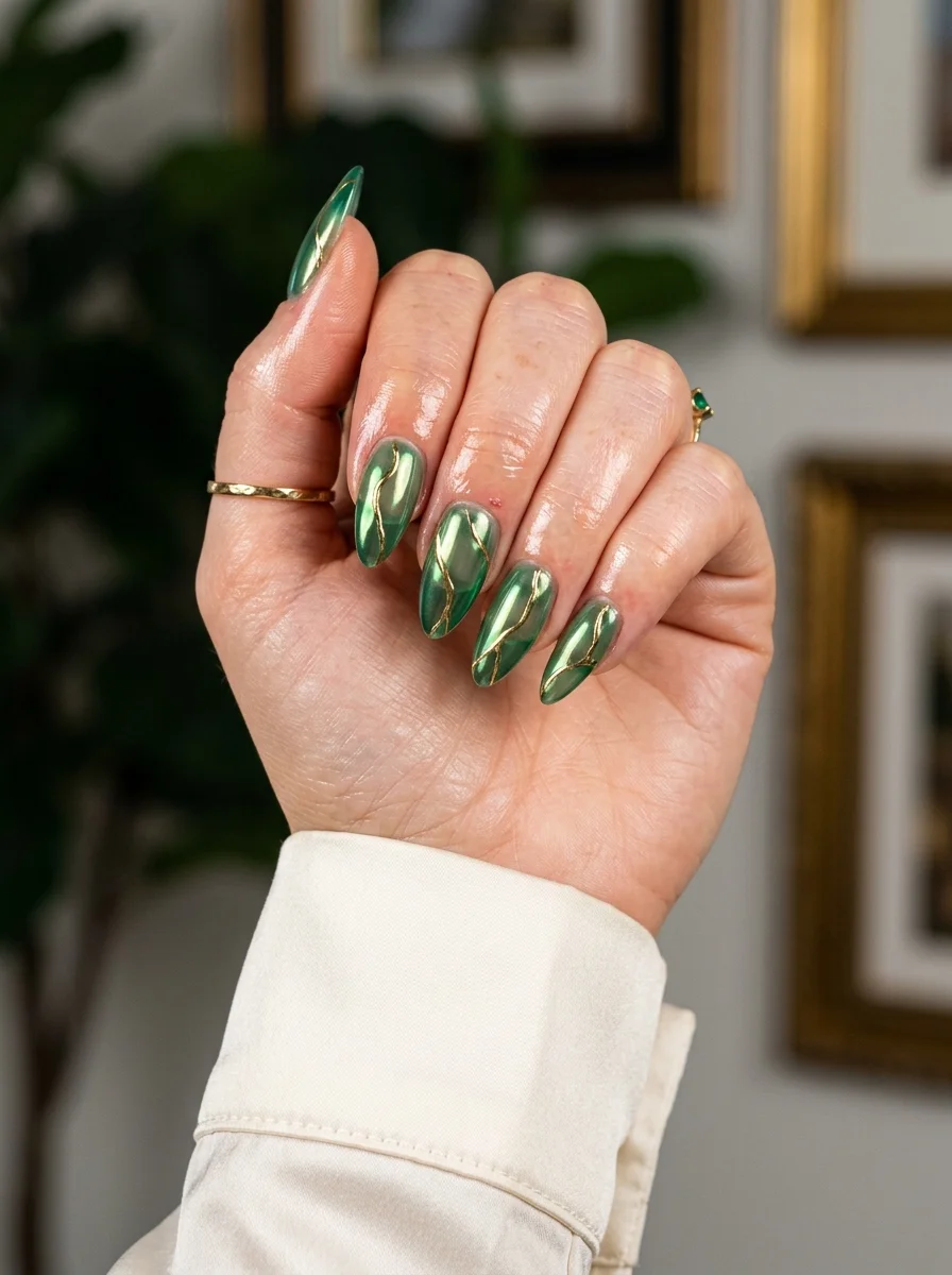 Long almond nails with an emerald green chrome finish and thin gold metallic swirl lines.