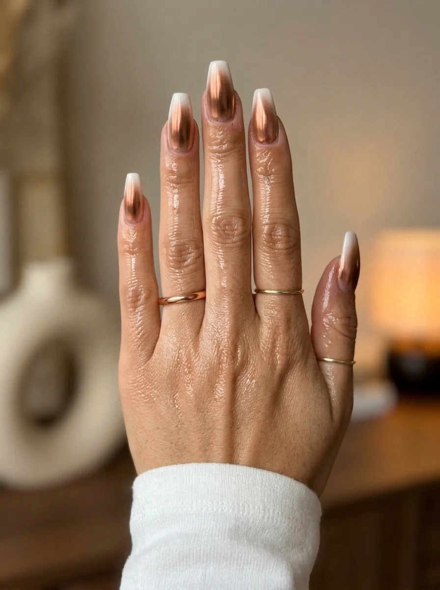 Long coffin nails with white French tips that fade into a rose gold chrome gradient at the base.