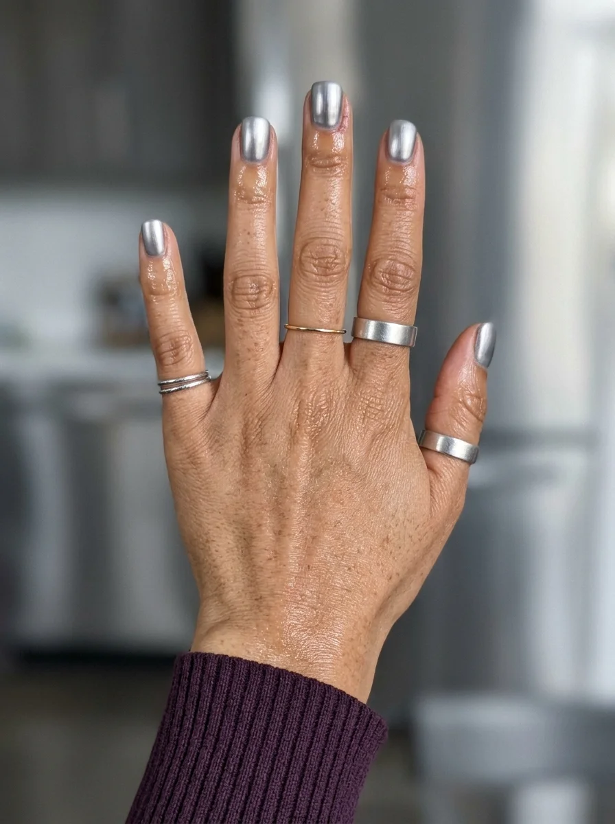 Short oval nails with a clean, reflective silver chrome finish on all nails.