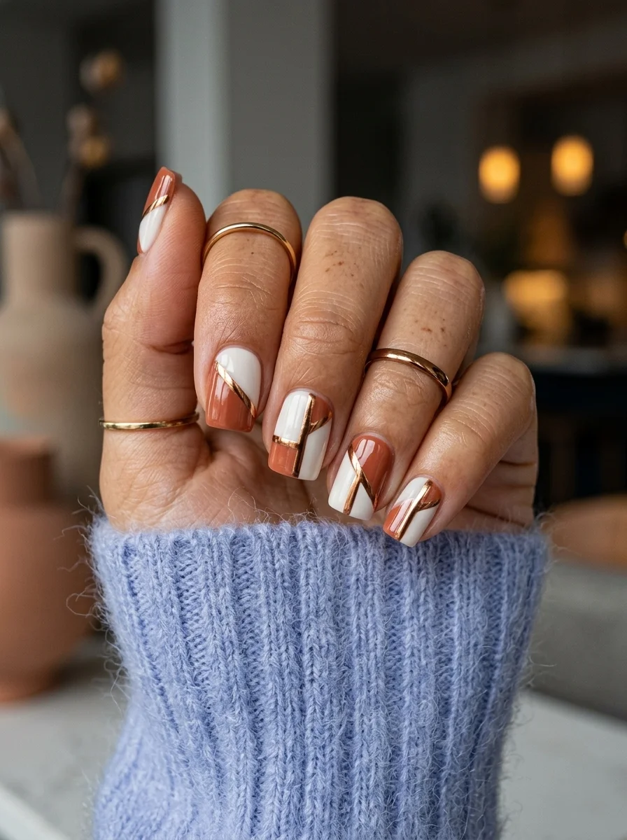 Short square nails with a white base and copper chrome geometric line art including diagonals and abstract shapes.