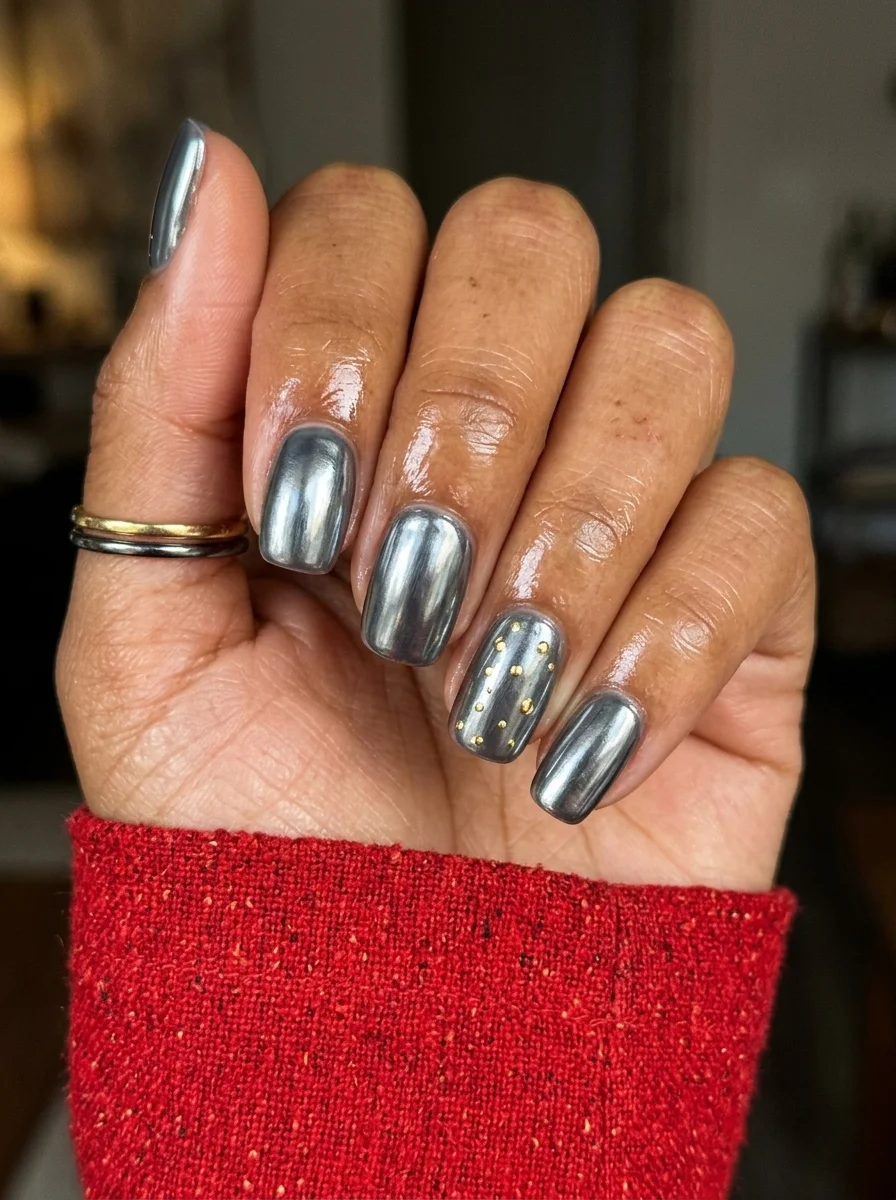 Short oval nails with silver chrome finish and one accent nail featuring gold dot details.