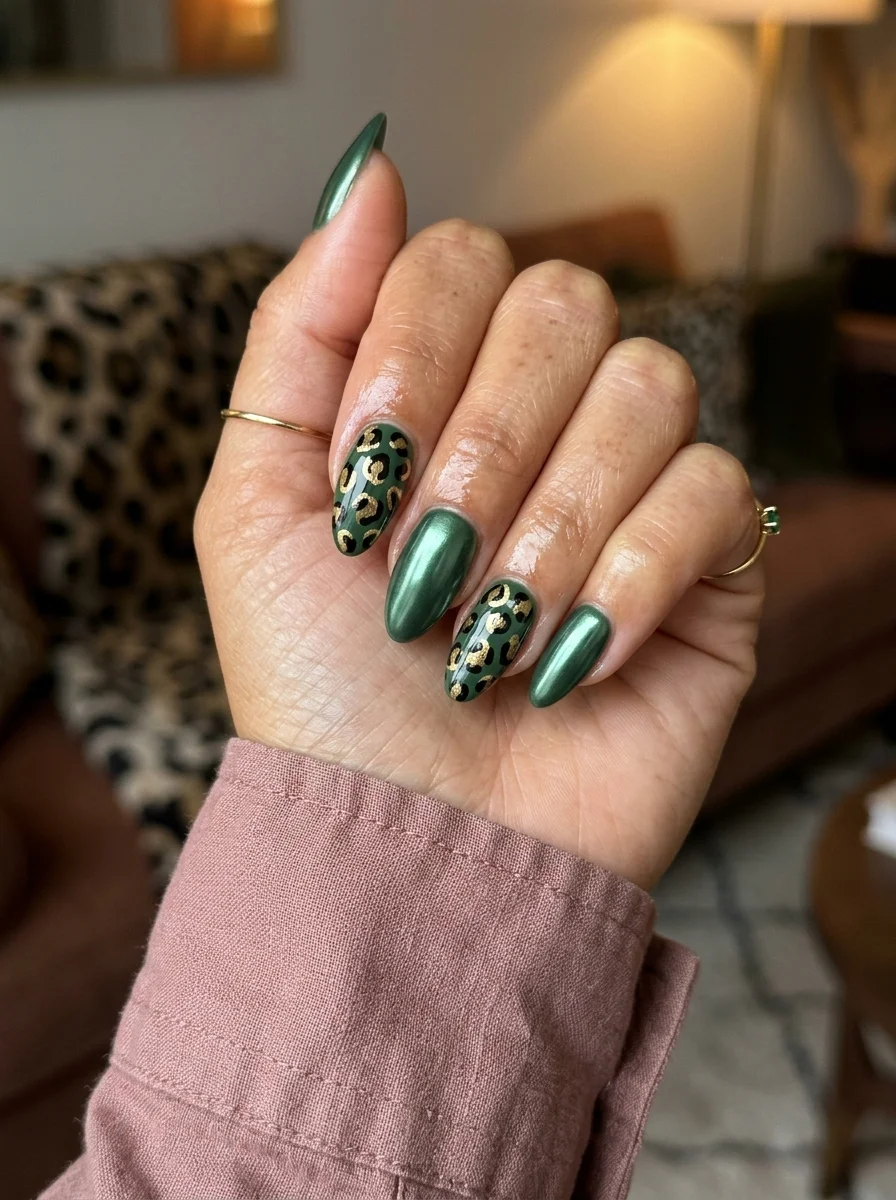 Almond nails with emerald green chrome finish and two accent nails featuring leopard print over gold chrome.