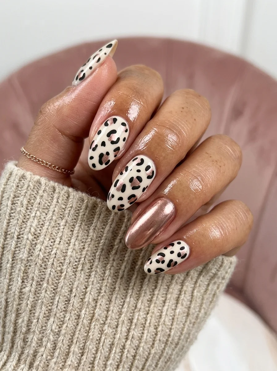Almond nails with a cream base, black leopard print spots, and a rose gold chrome accent nail.