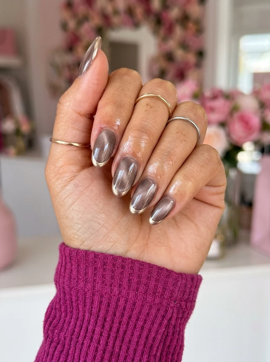 Almond nails with a taupe mauve chrome finish and thin gold chrome French tips.