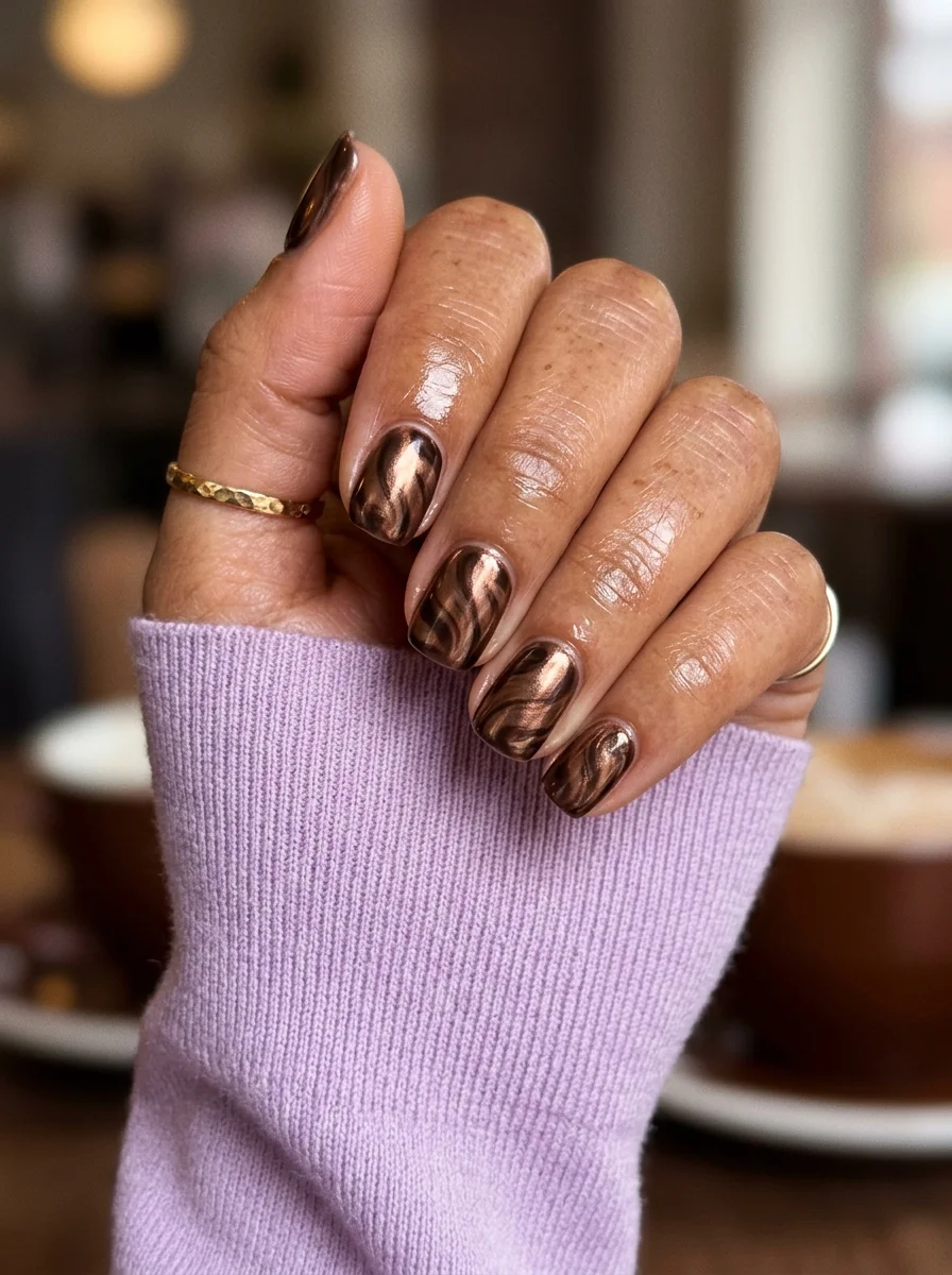 Short oval nails with a chocolate brown chrome finish and lighter brown and rose gold swirl patterns.