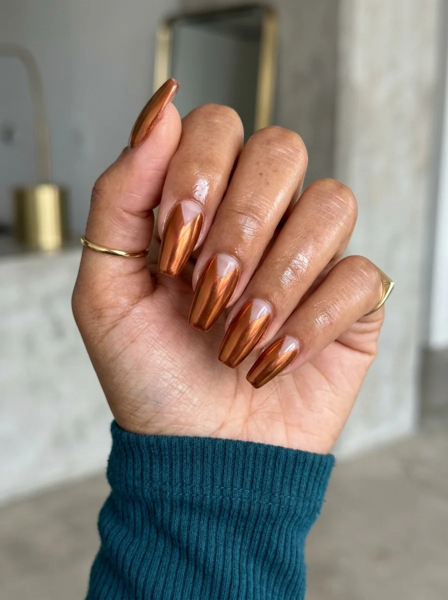 Long coffin nails with a copper orange chrome finish and white half-moon accents at the cuticle.
