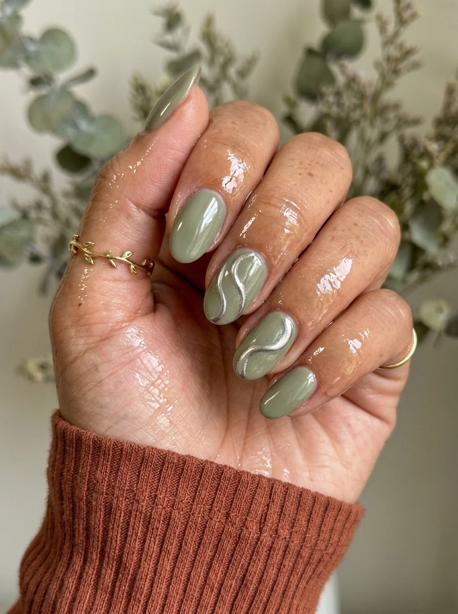 Almond nails with a muted sage green base and thin silver metallic swirl lines on select nails.