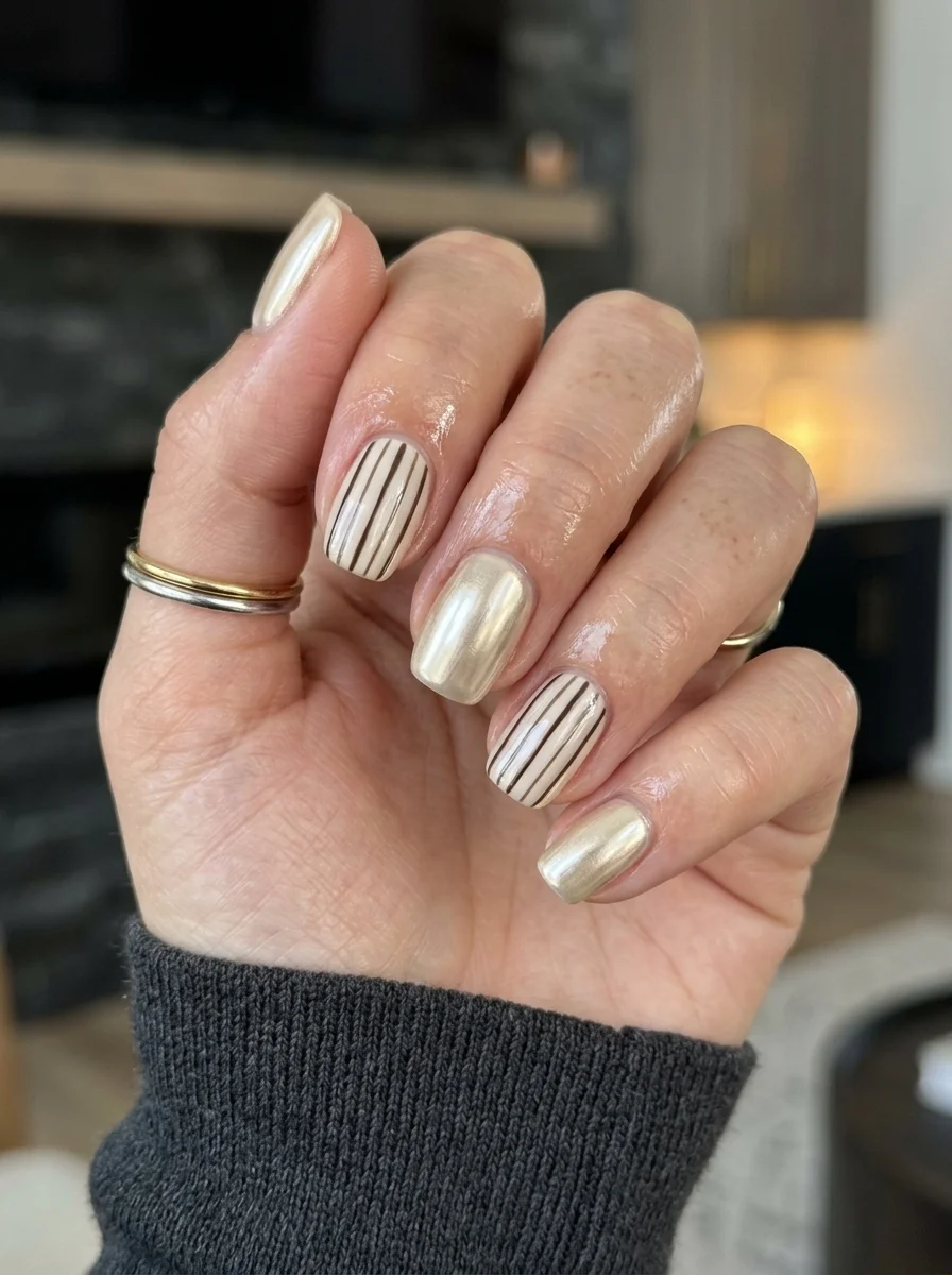 Short oval nails with a pearl champagne chrome finish and brown vertical stripe accents on select nails.