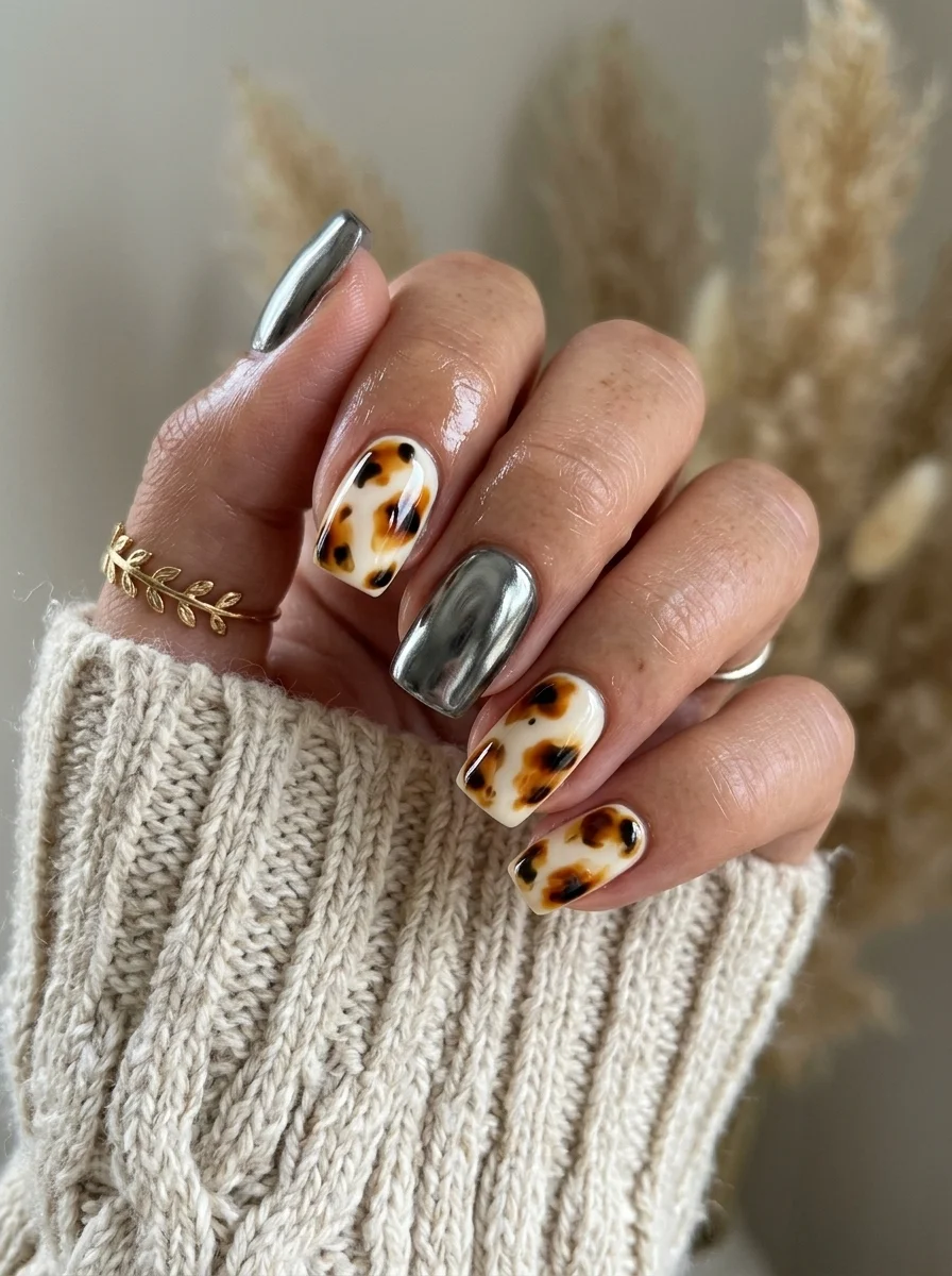 Short oval nails with a tortoiseshell pattern in warm brown and amber tones and a silver chrome accent nail.