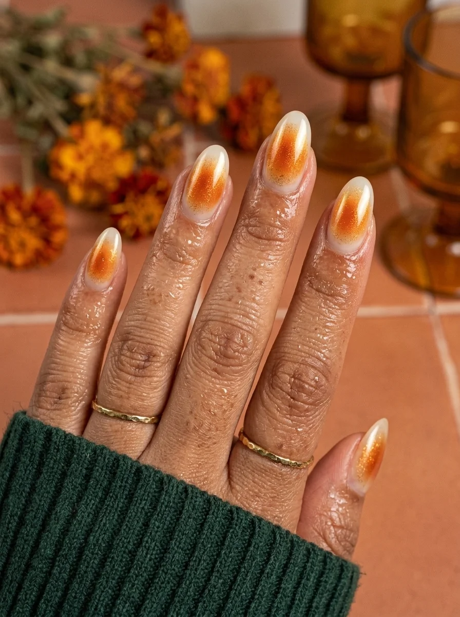 Long almond nails with a white-to-amber orange gradient and subtle gold shimmer throughout.