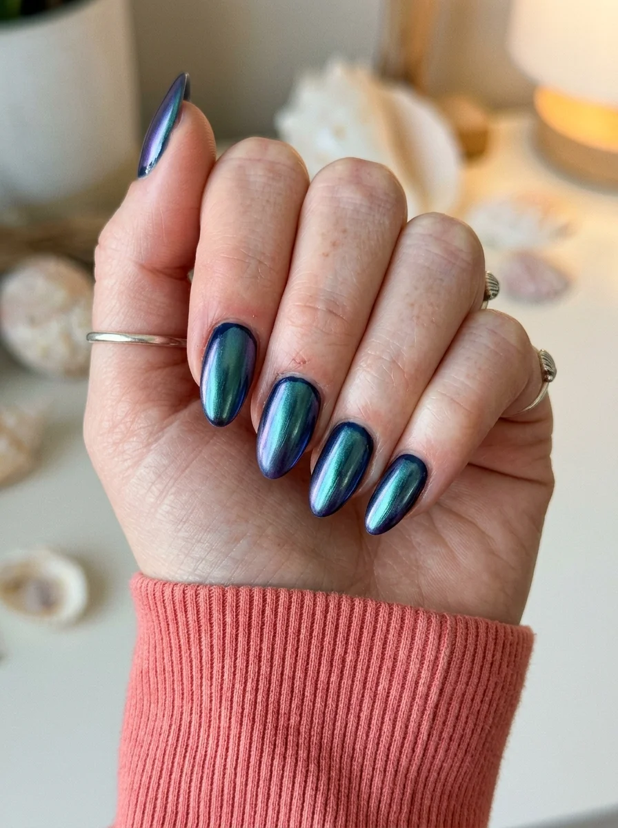 Almond nails with a multi-chrome finish that shifts between teal blue and purple depending on the angle.