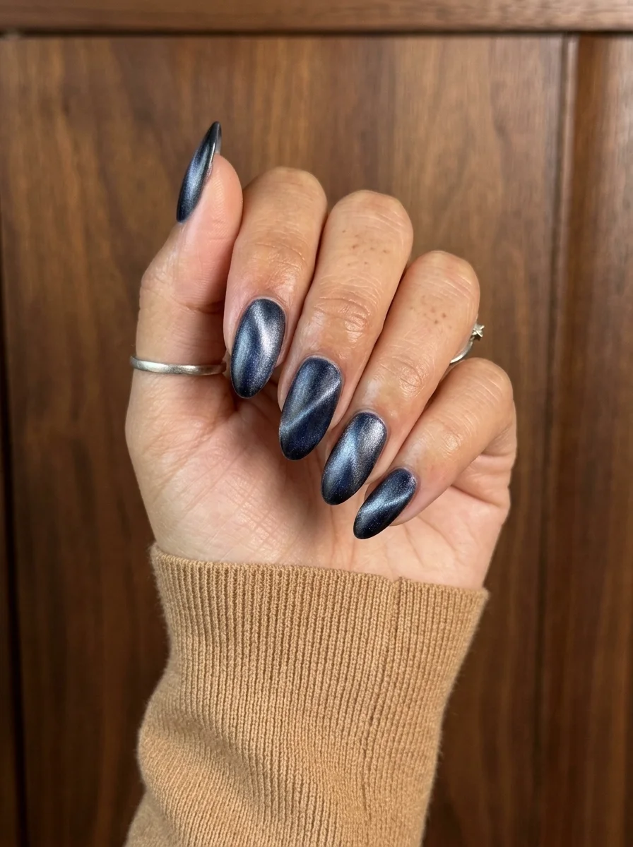 Almond nails with a dark grey cat-eye magnetic polish finish creating a dimensional light stripe effect.