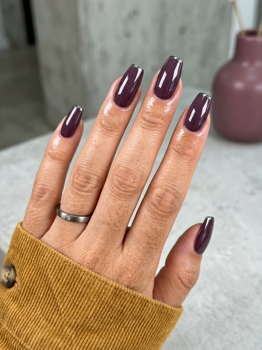 Long coffin nails with a deep burgundy plum chrome finish and subtle silver chrome French tips.