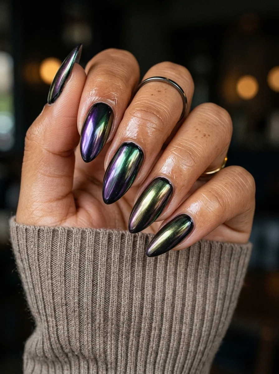 Long almond nails with a multi-chrome finish that shifts between deep green and purple with a gold transition.